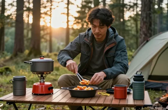 Camping enthusiast with ROKOK88 gear cooking outdoors, showcasing adventure essentials.