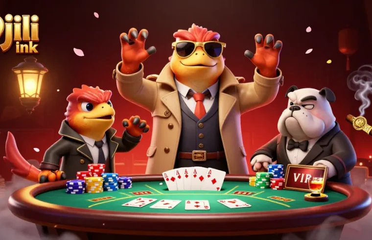 Raptors in a trench coat try to enter a casino as a VIP while showcasing 99jili ink.