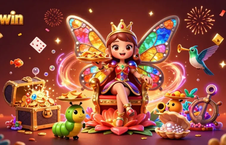 Experience vivid gameplay at Vipwin with a vibrant casino scene showcasing butterfly queen and treasure elements.