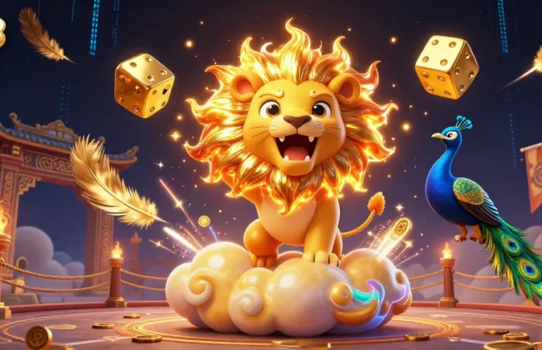Experience thrilling gameplay at ph8 ink with a dazzling 3D illustration of a roaring lion and golden dice.
