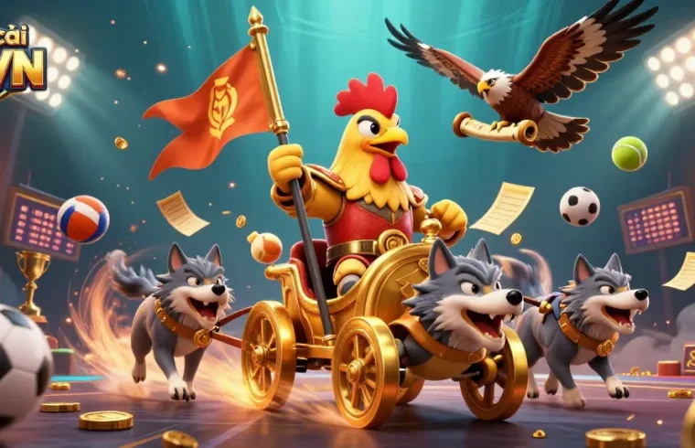 Experience the thrilling adventures of nhà cái 69VN with a cartoon rooster warlord and sports elements.